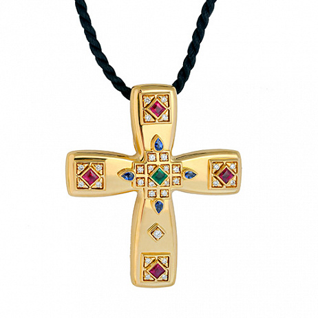 Подвеска Cartier Byzantine Multicolor Gemstone Gold Cross из желтого золота 750 пробы с бриллиантами, изумрудами, сапфирами и рубинами